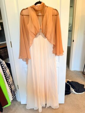Vintage 60s 70s Cream Chiffon Two Tone Maxi Dress with Bead Accent